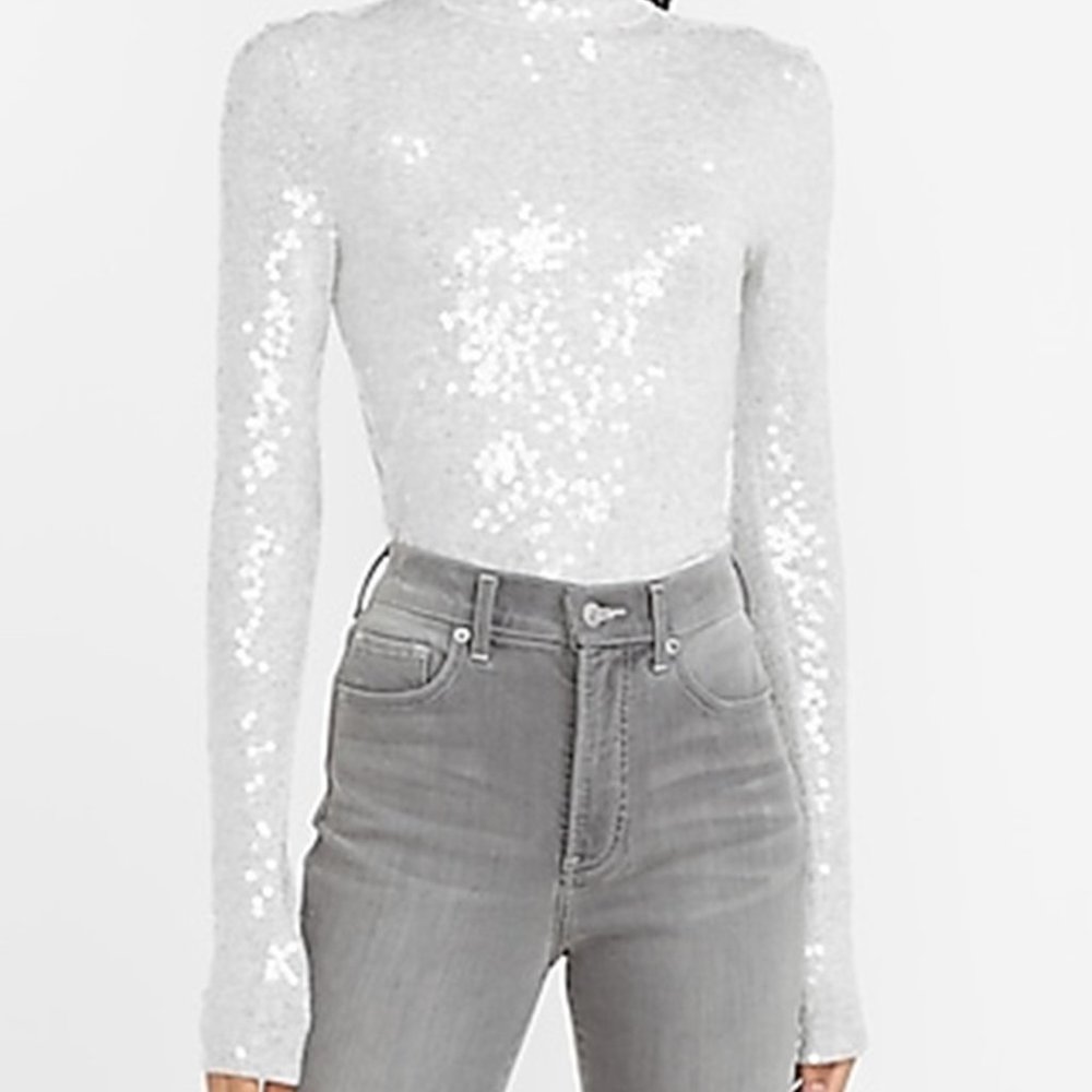 Sequin Mock Neck Long Sleeve Tee